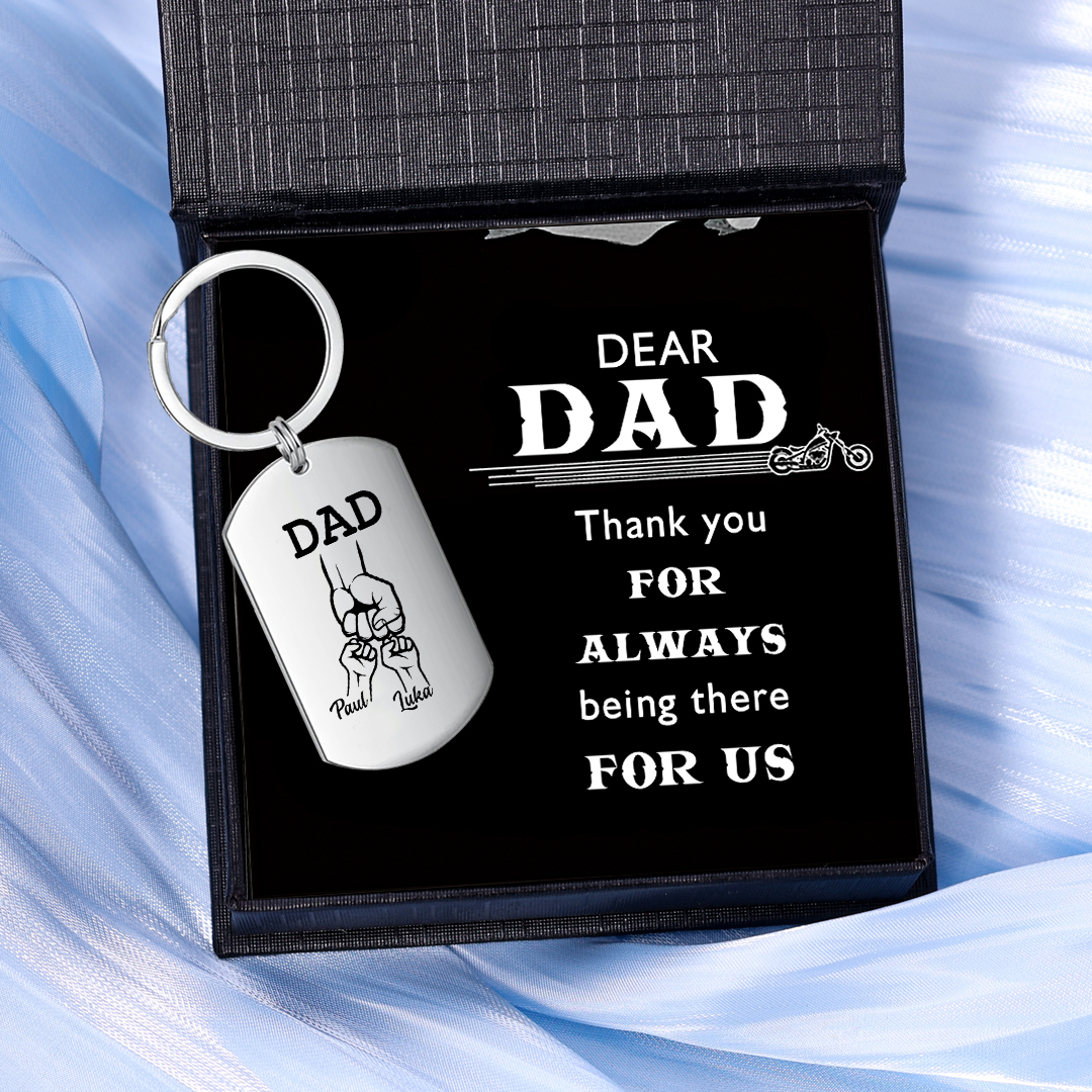2 Kids' Names-Custom Dad Fist Bump Keychain Set With Gift Card Gift Box For Dad