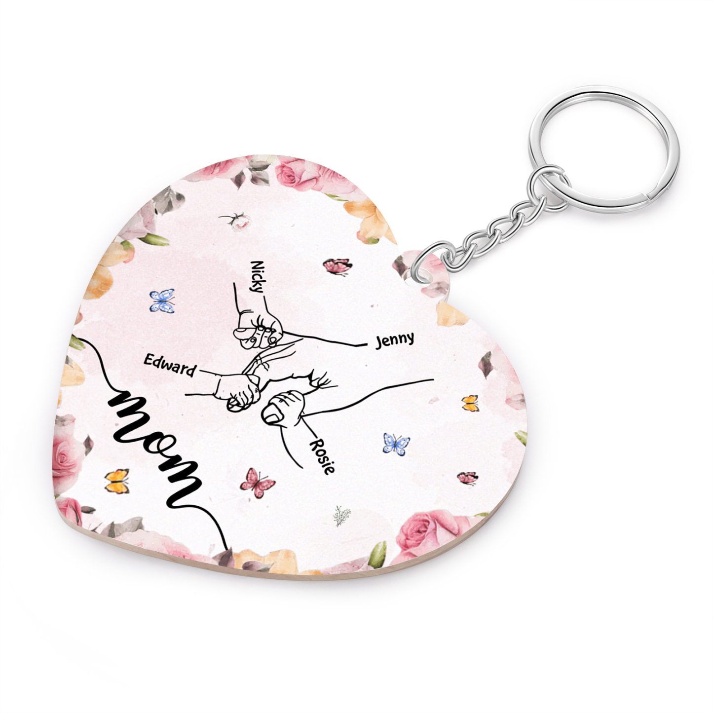 4 Names - Personalized Keychain Customized 4 Names and 1 Text Hand in Hand Keychain Gift for Mum/Nana