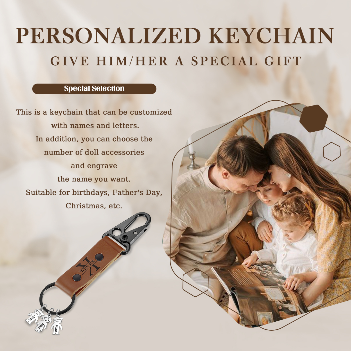 4 Names - Personalised Kids Charms Keychain Customized 4 Names & 1 Letter Leather Keychain Gift for Grandad