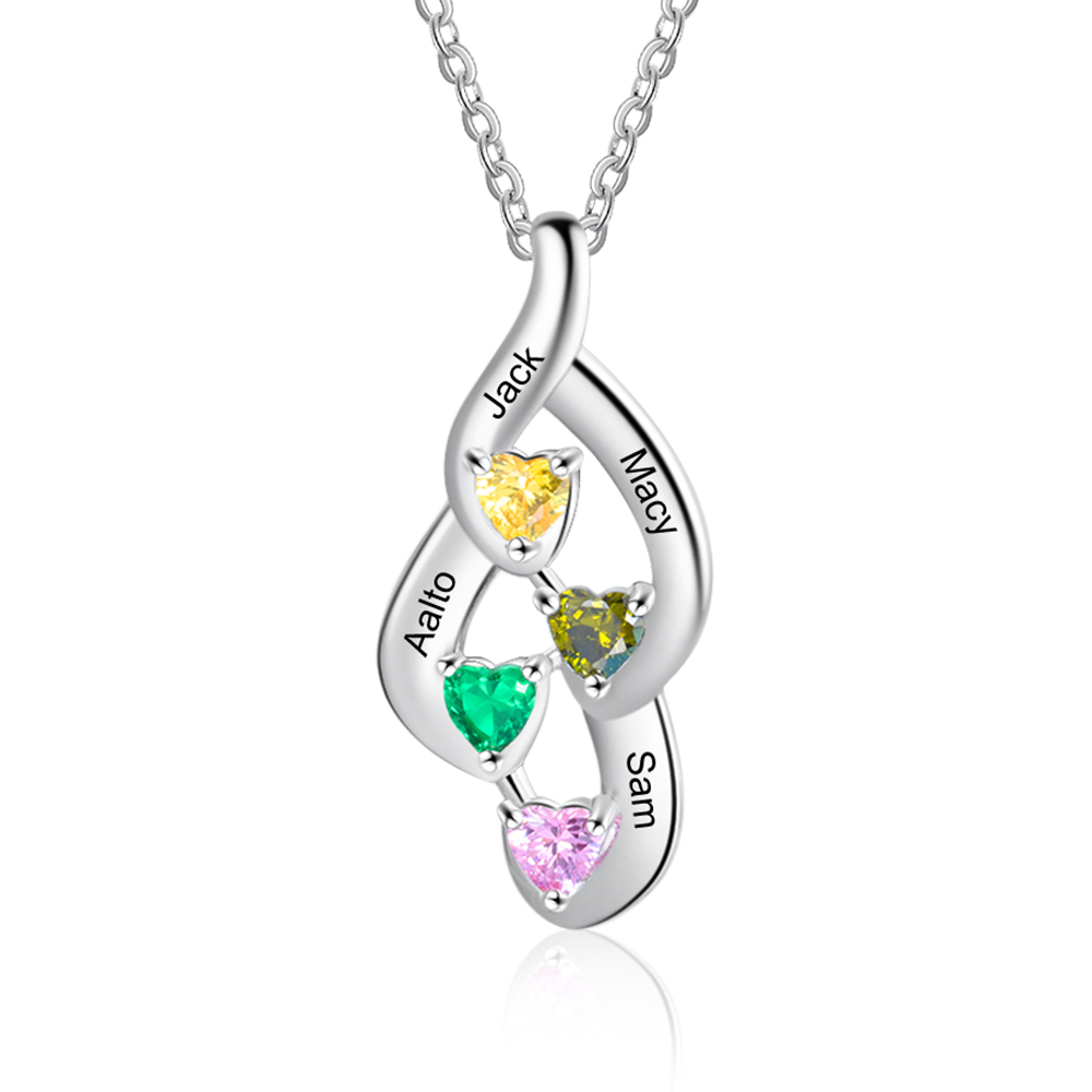 Personalized Necklace With 4 Heart Birthstones Engraved Names Gift For Her