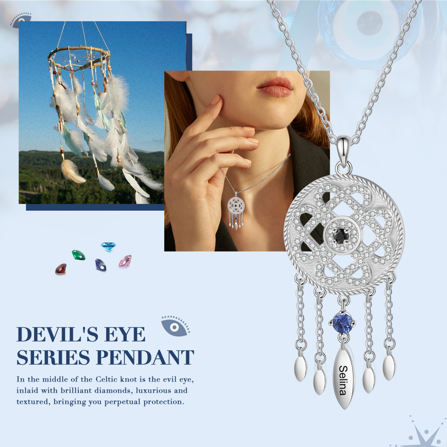 Dreamcatcher Personalised Necklace with Custom Name & Birthstone Necklace Gift for Her | Jessemade