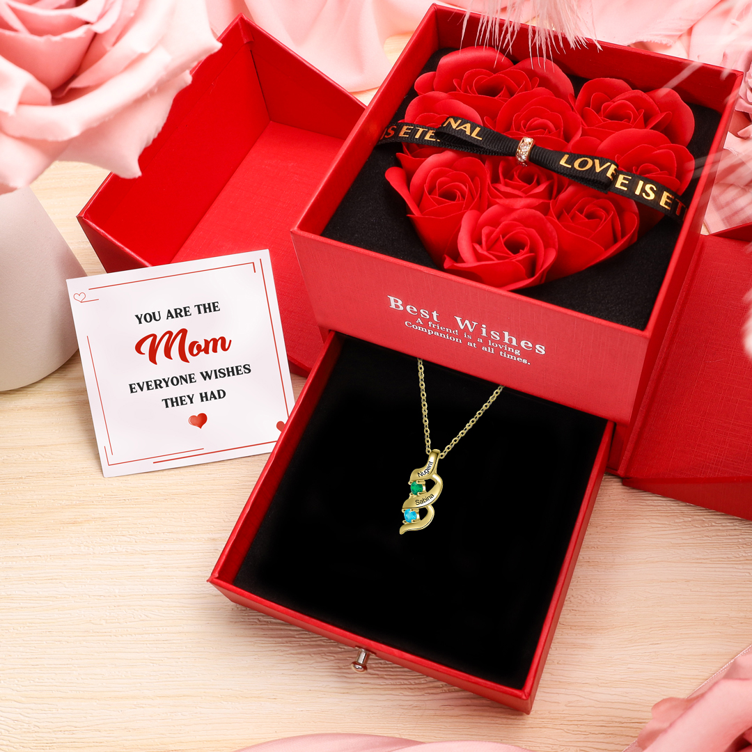 2 Names-Personalized Birthstones Necklace Set With Rose Gift Box-Custom Cascading Pendant Necklace Engraving 2 Names Gifts for Her