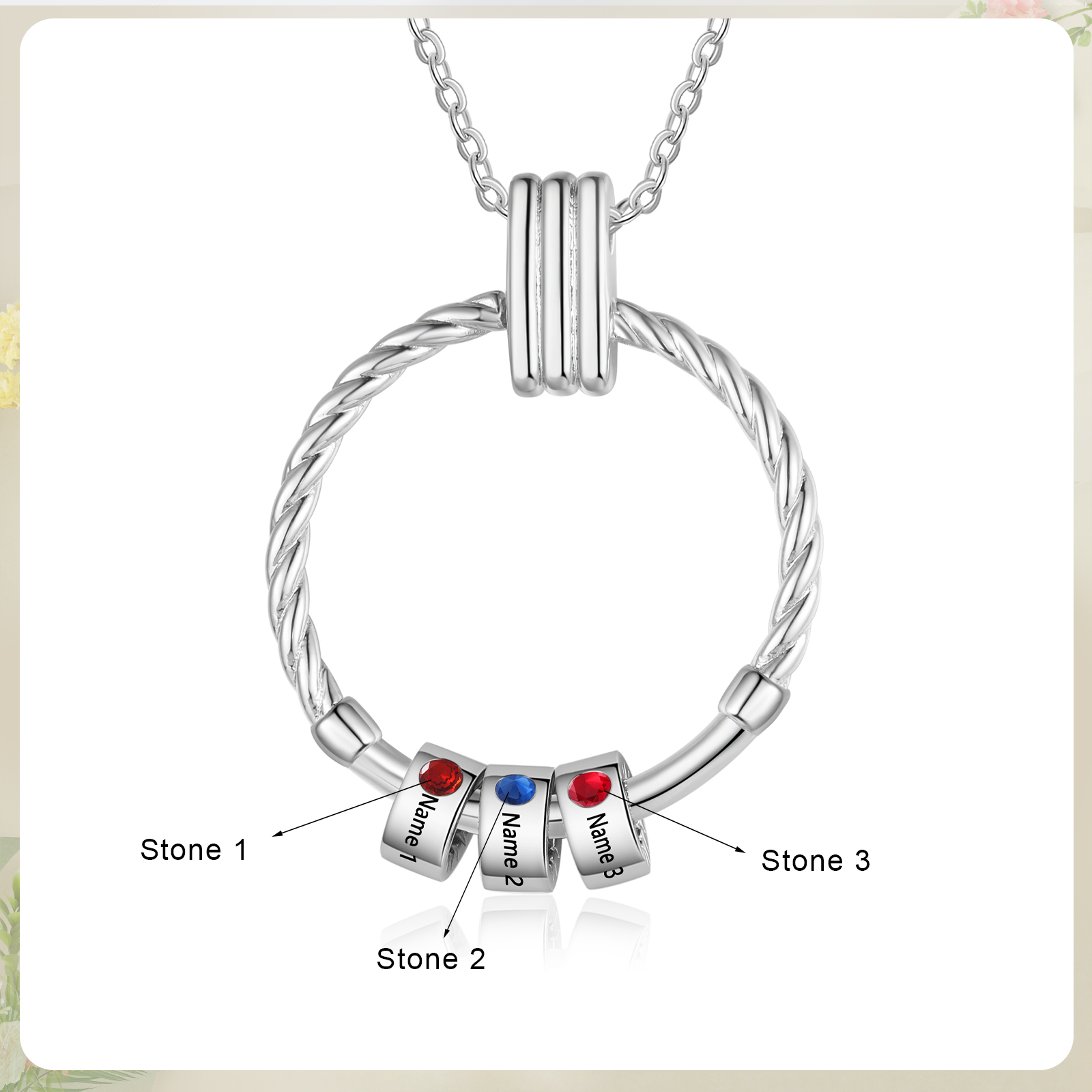 3 Names - Personalized Round Pendant Necklace Customized Name Gift for Her