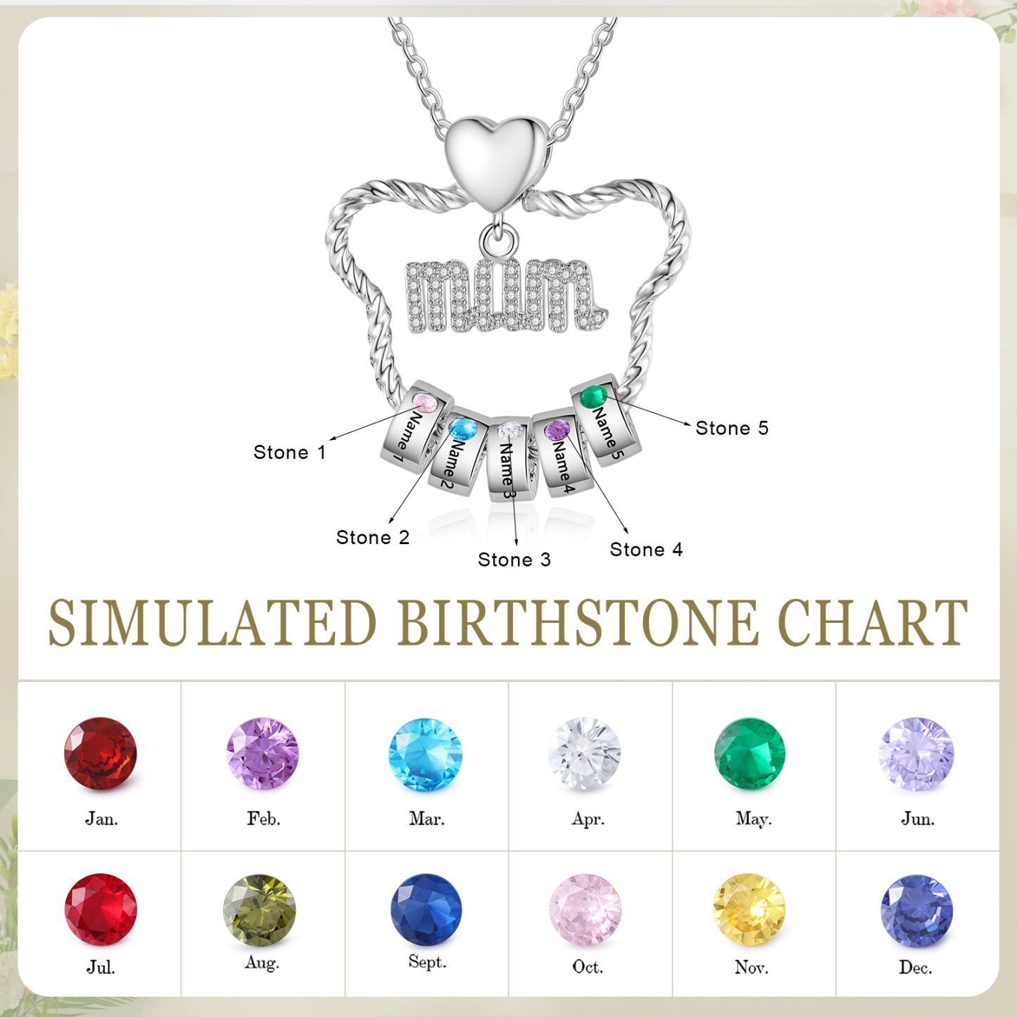5 Names - Personalized Cat Head Shape Necklace Customized 5 Birthstones & Names Necklace Gift for Mom