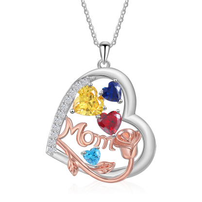 4 Names - Personalized Silver Heart Necklace with Birthstone and Name as a Mother's Day Gift for Mom