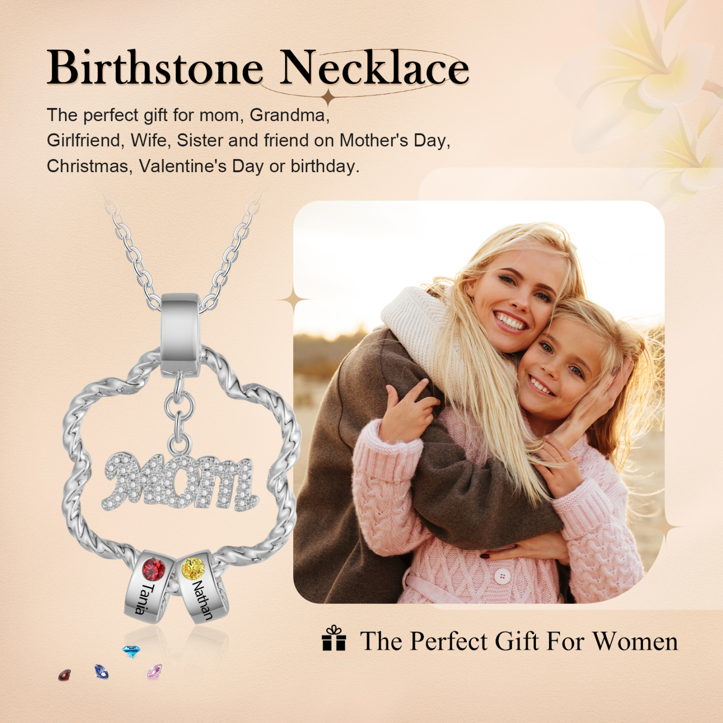 2 Name - Personalized Flower Necklace With 2 Birthstone Pendants Engraved With Names Gift For Mum