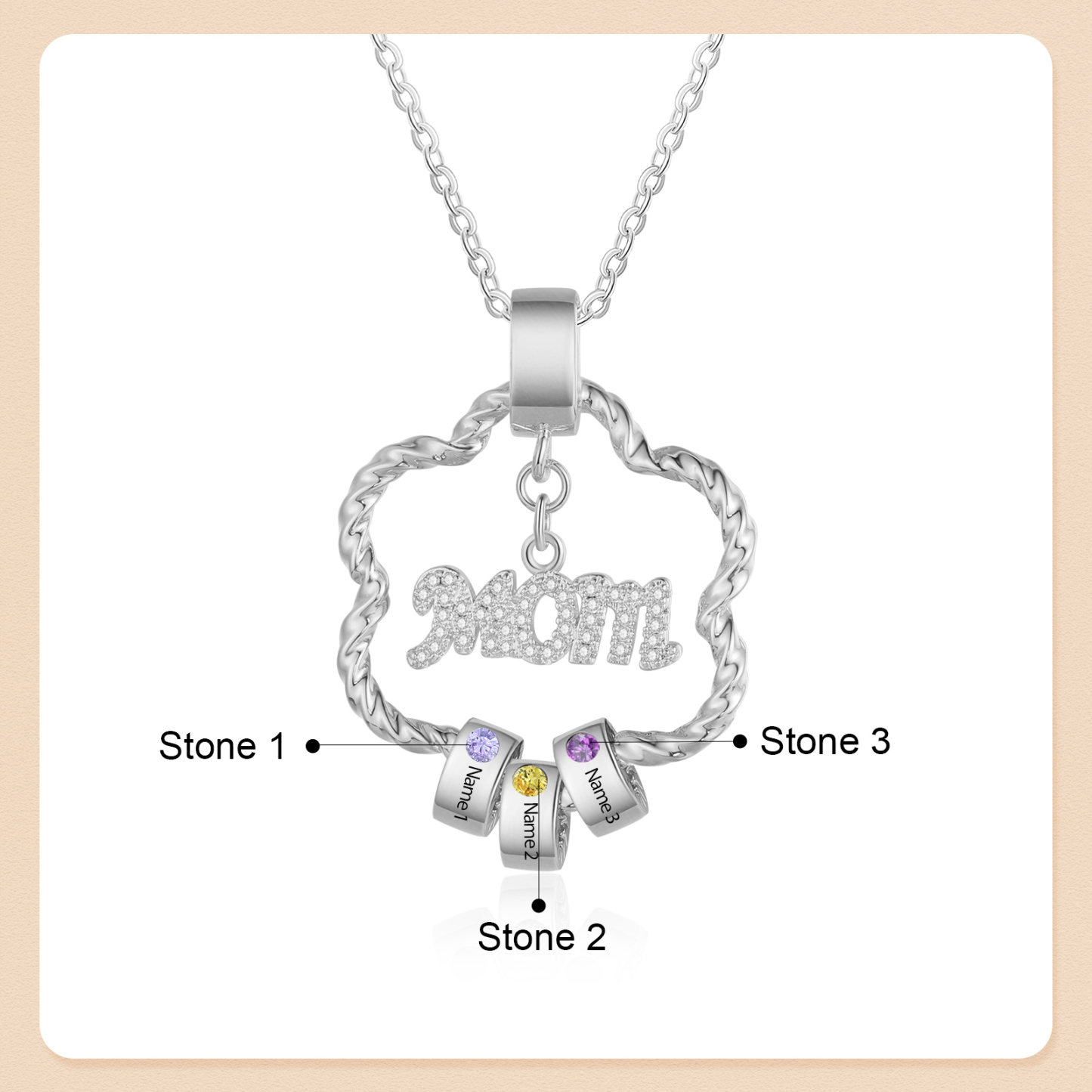 3 Name Personalized Flower Necklace With 3 Birthstone Pendants Engraved With Names Gift For Mom/Mum