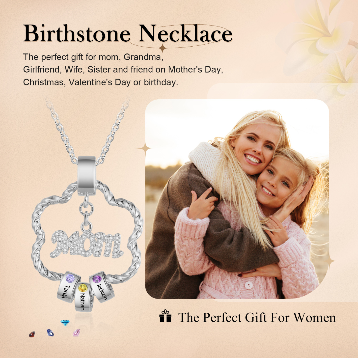 3 Name Personalized Flower Necklace With 3 Birthstone Pendants Engraved With Names Gift For Mom/Mum