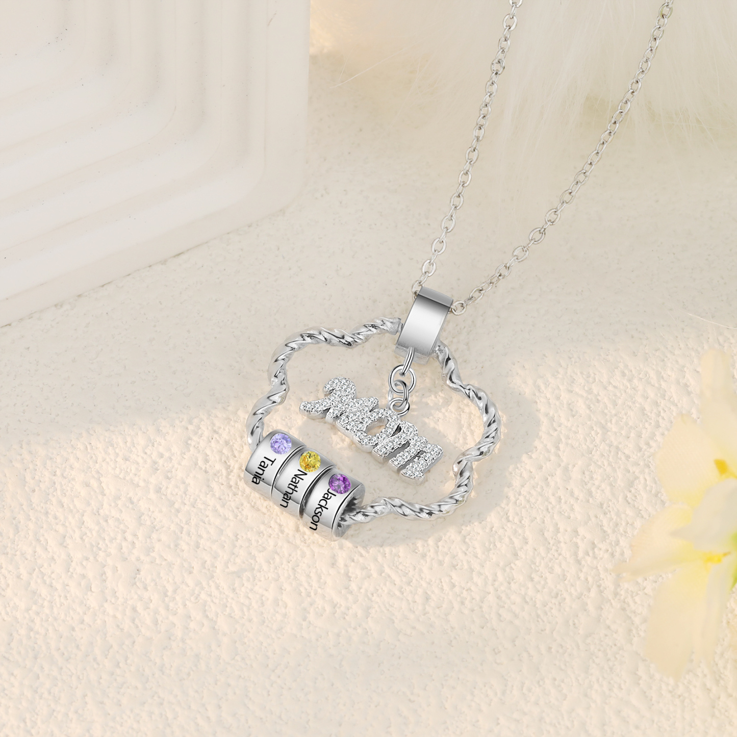 3 Name Personalized Flower Necklace With 3 Birthstone Pendants Engraved With Names Gift For Mom/Mum