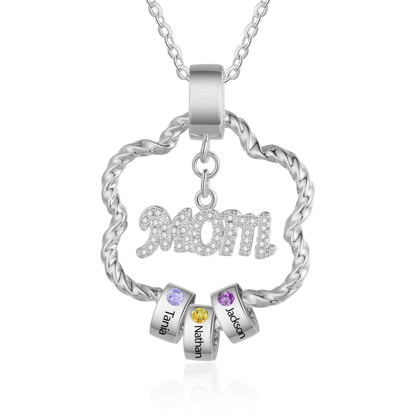 3 Name Personalized Flower Necklace With 3 Birthstone Pendants Engraved With Names Gift For Mom/Mum