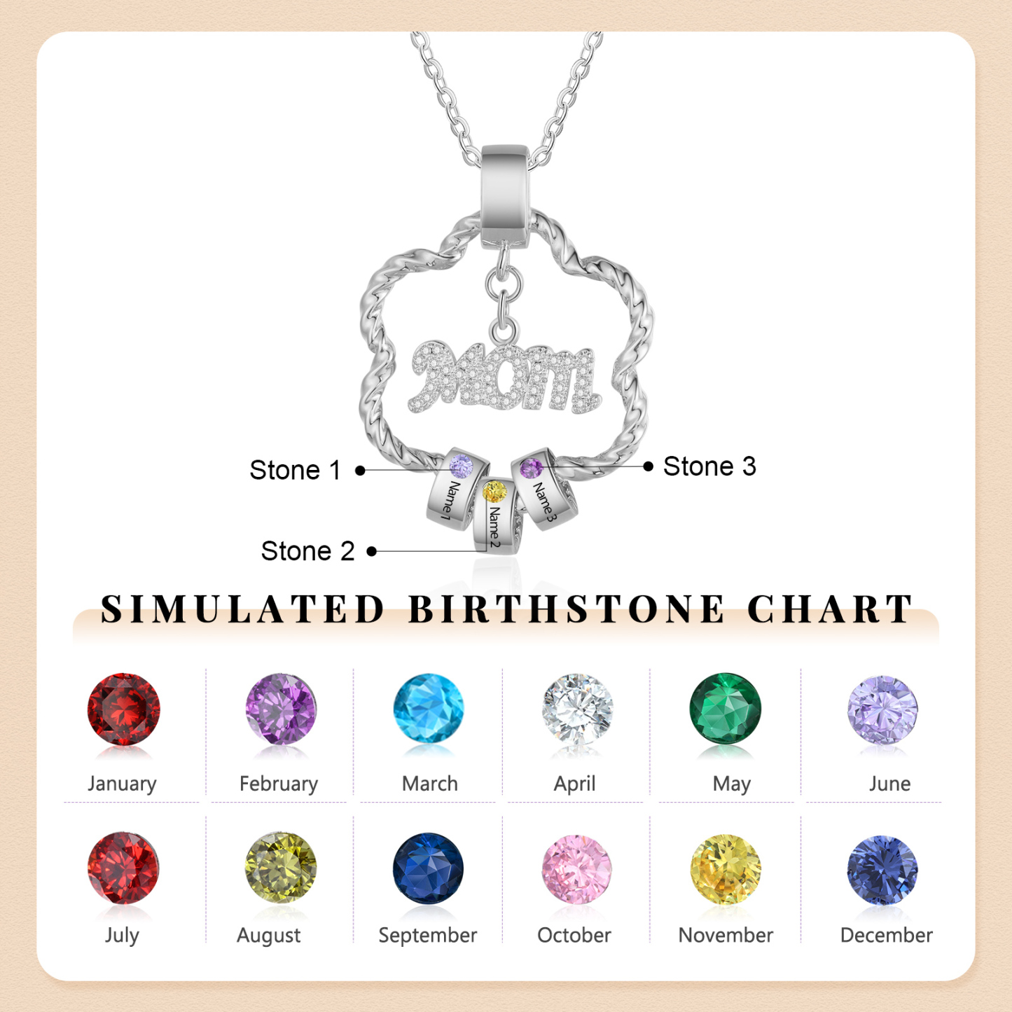 3 Name Personalized Flower Necklace With 3 Birthstone Pendants Engraved With Names Gift For Mom/Mum