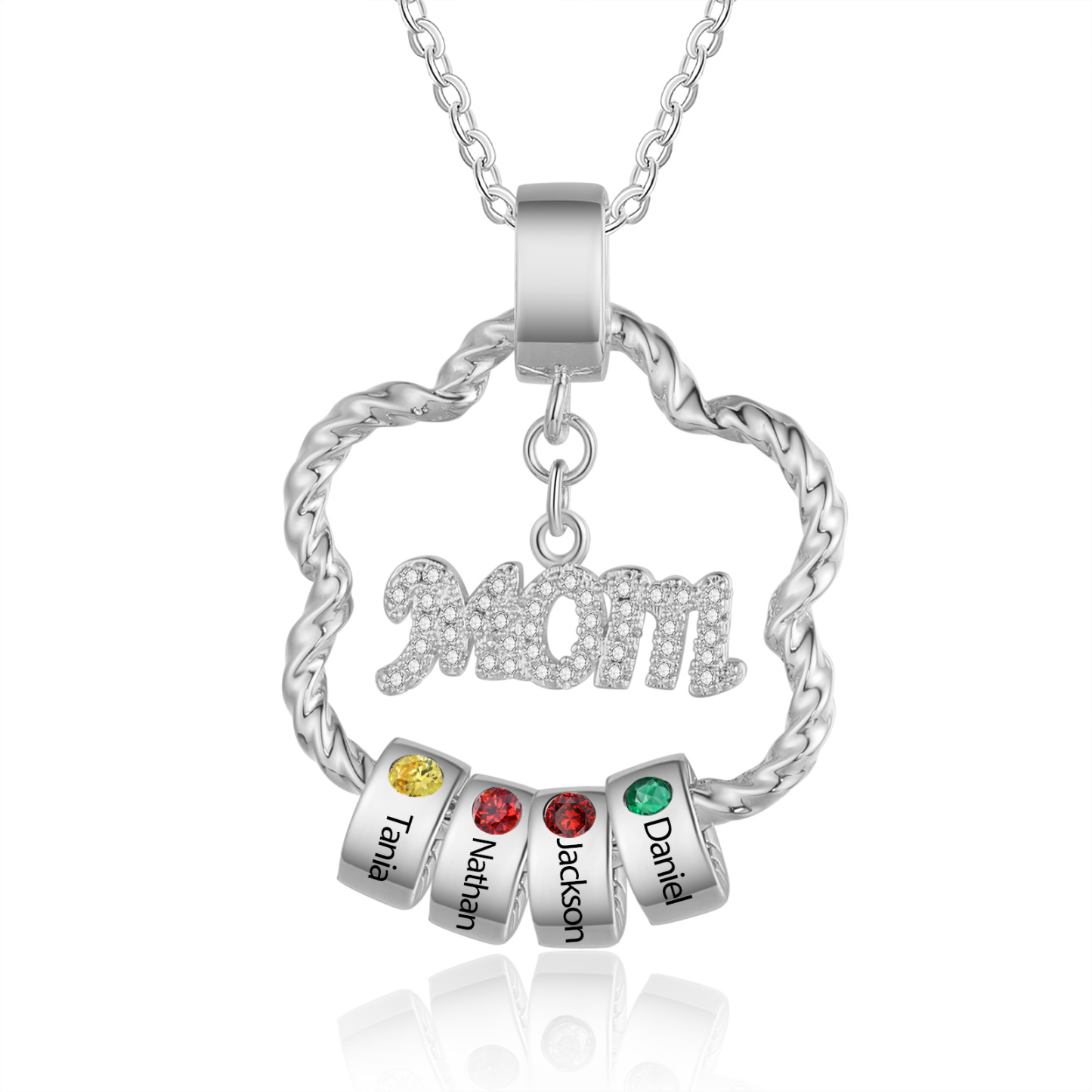 4 Name Personalized Flower Necklace With 4 Birthstone Pendants Engraved With Names Gift For Mom/Mum