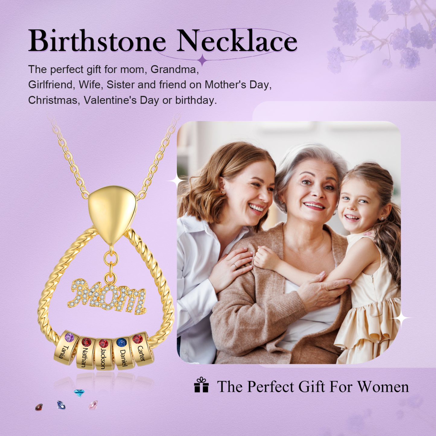 5 Names - Personalized Triangle Pendant Necklace  Custom Name Gift for Mom