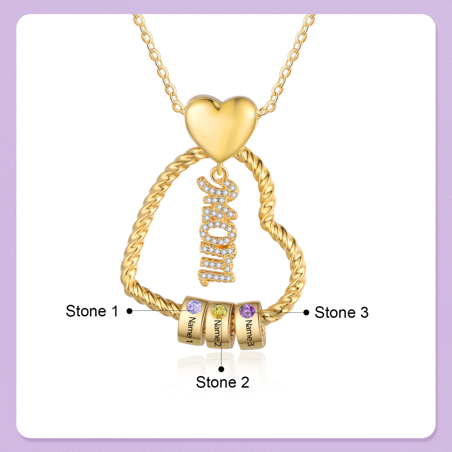 3 Names - Personalized Love Pendant Necklace Custom Birthstone Custom Name Gift for Mom