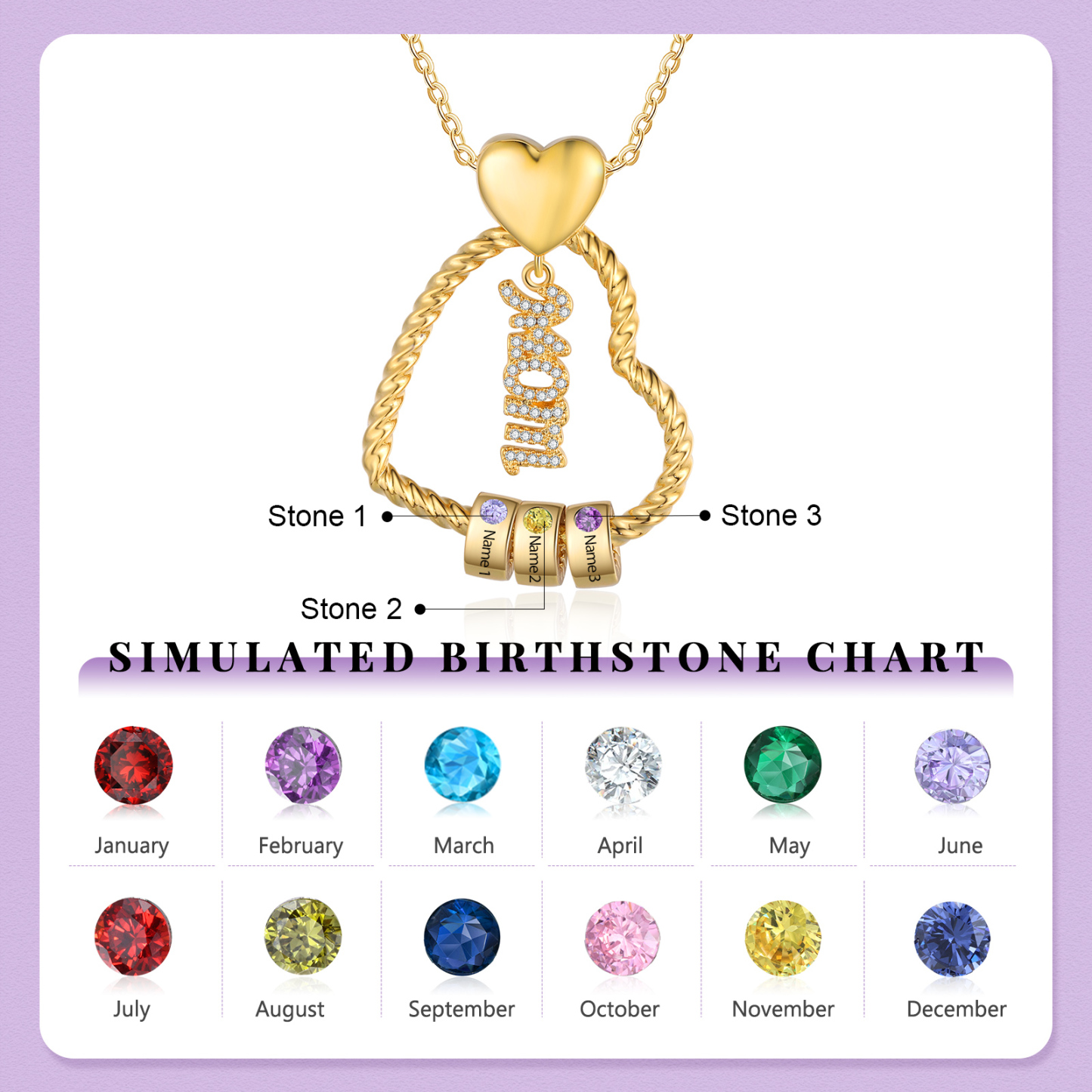 3 Names - Personalized Love Pendant Necklace Custom Birthstone Custom Name Gift for Mom