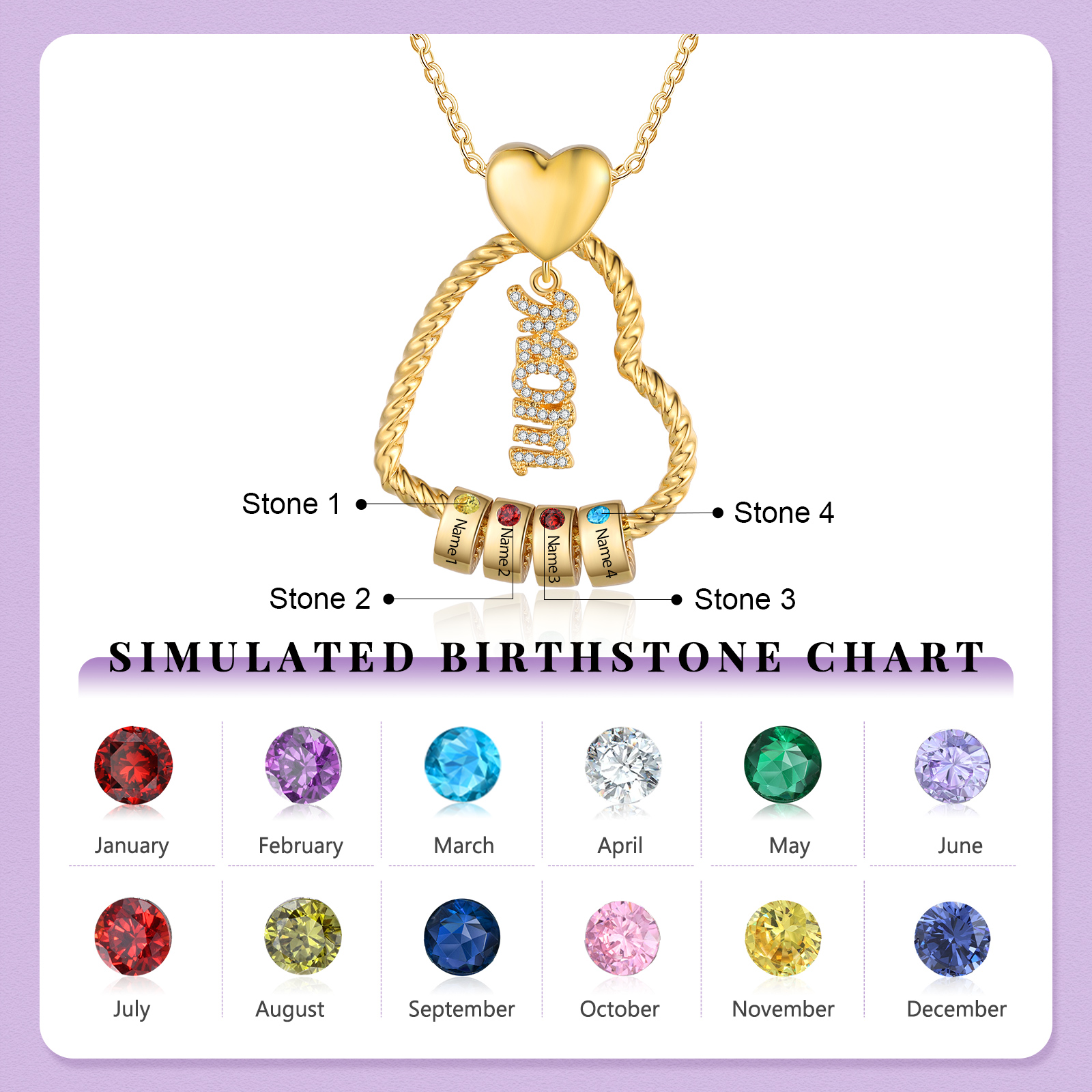 4 Names - Personalized Love Pendant Necklace Custom Birthstone Custom Name Gift for Mom