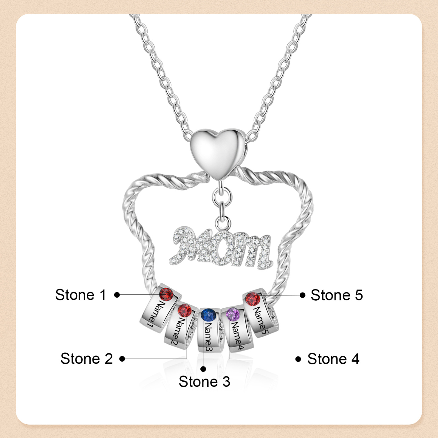 5 Names - Personalized Cat Head Shape Necklace Customized 5 Birthstones & Names Necklace Gift for Mom