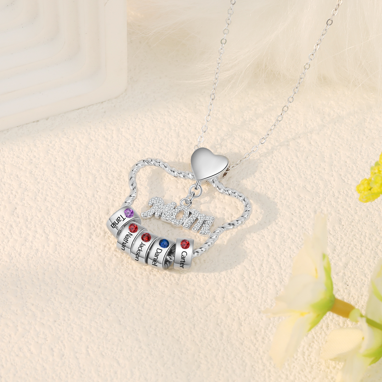 5 Names - Personalized Cat Head Shape Necklace Customized 5 Birthstones & Names Necklace Gift for Mom