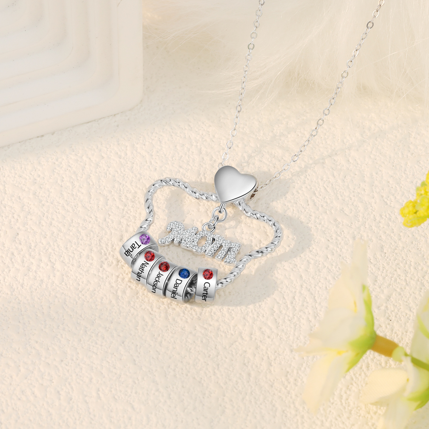 5 Names - Personalized Cat Head Shape Necklace Customized 5 Birthstones & Names Necklace Gift for Mom