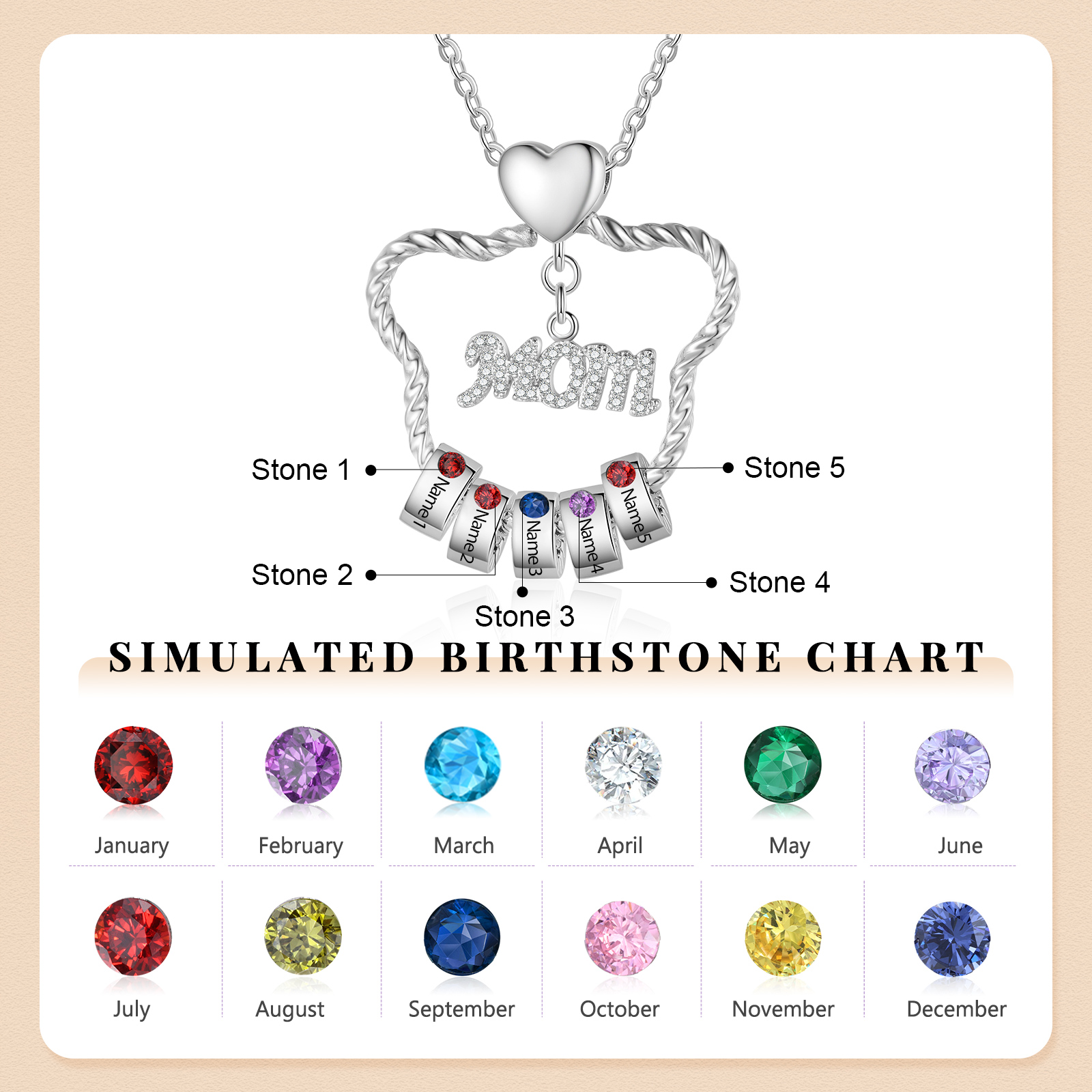 5 Names - Personalized Cat Head Shape Necklace Customized 5 Birthstones & Names Necklace Gift for Mom
