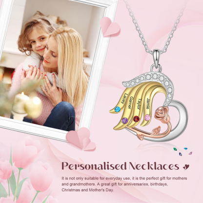 Personalised Rose Heart Necklace Customized With 4 Names and 4 Birthstones Women's Necklace Gift for Nan | Jessmade
