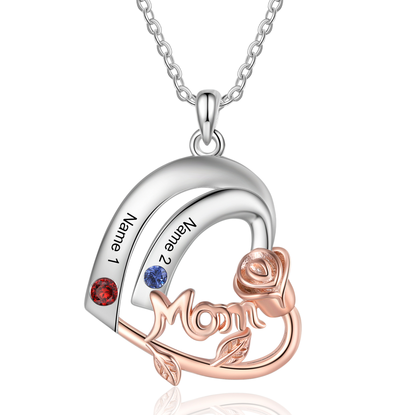 Personalized Mom Heart Necklace, Customized With 2 Names and 2 Birthstones Silver Necklace for Women Gift for Mom | Jessmade
