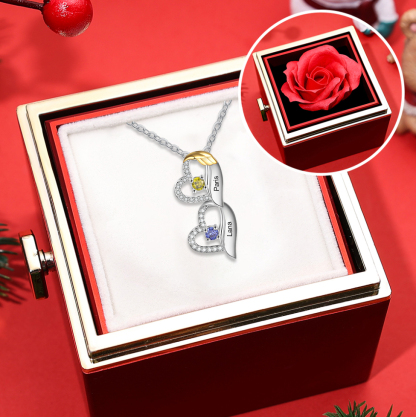 Personalized Heart Necklace, Customized 2 Names and 2 Birthstones Wome