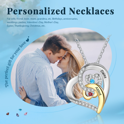 Personalized Heart Necklace Custom 2 Names and 2 Birthstones Women's Stacked Necklace Gift for Grandma | Jessmade