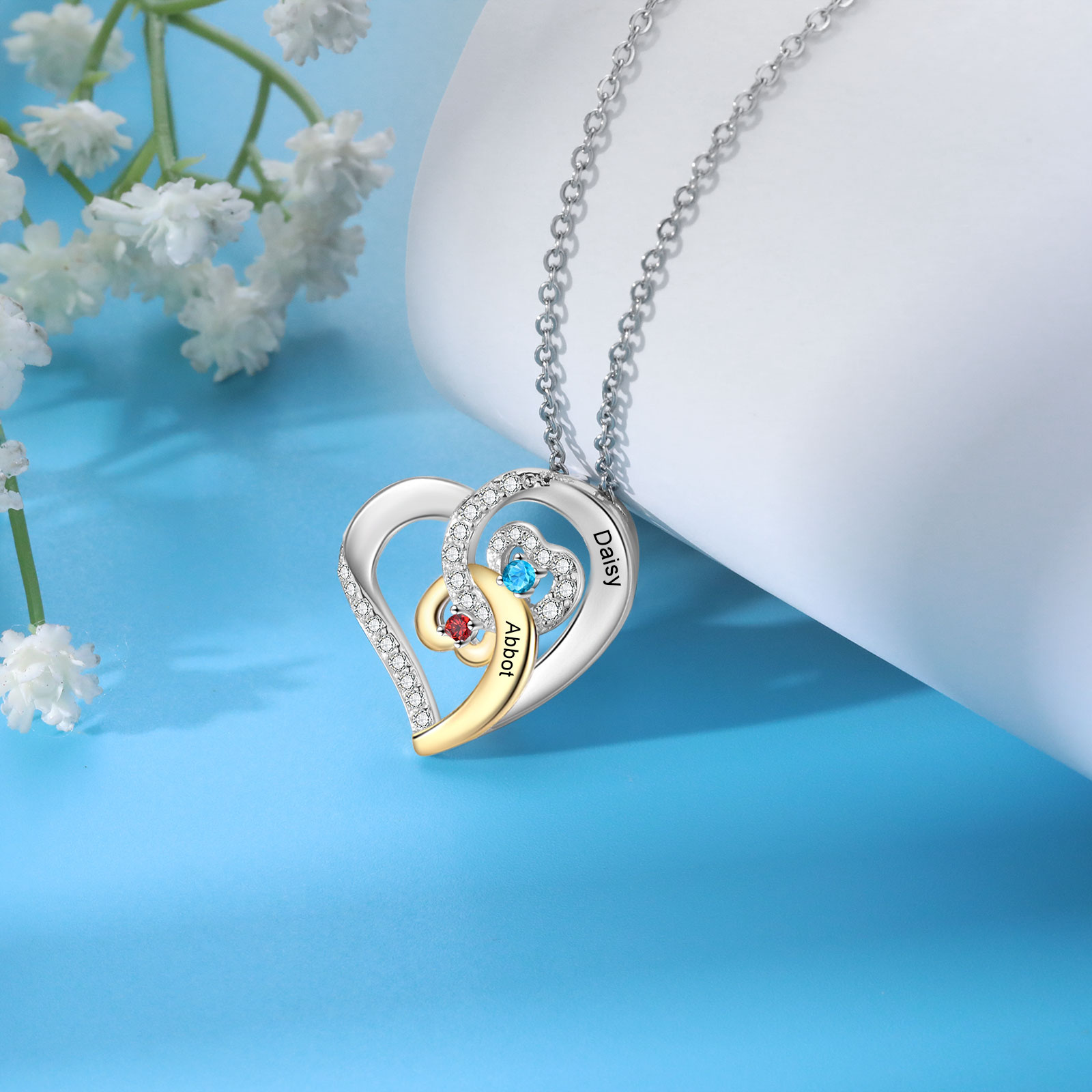Personalized Heart Necklace Custom 2 Names and 2 Birthstones Women's Stacked Necklace Gift for Grandma | Jessmade