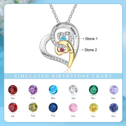 Personalized Heart Necklace Custom 2 Names and 2 Birthstones Women's Stacked Necklace Gift for Grandma | Jessmade
