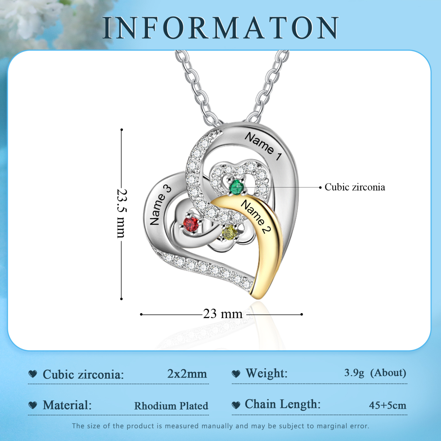 Personalized Heart Necklace Custom 3 Names and 3 Birthstones Women's Stacked Necklace Gift for Grandma | Jessmade