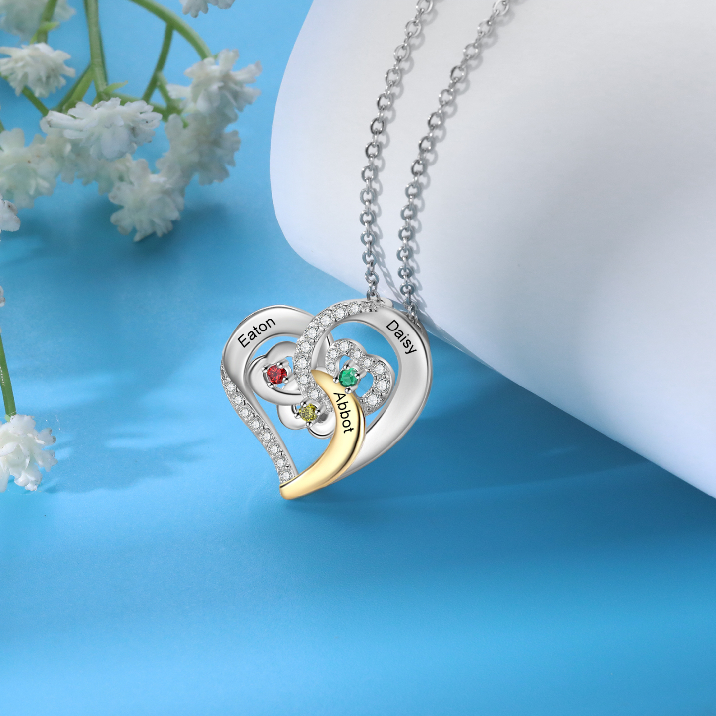 Personalized Heart Necklace Custom 3 Names and 3 Birthstones Women's Stacked Necklace Gift for Grandma | Jessmade