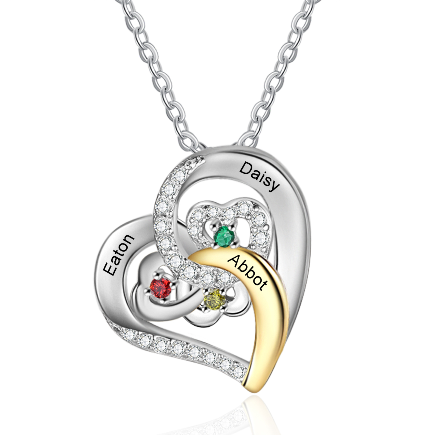 Personalized Heart Necklace Custom 3 Names and 3 Birthstones Women's S