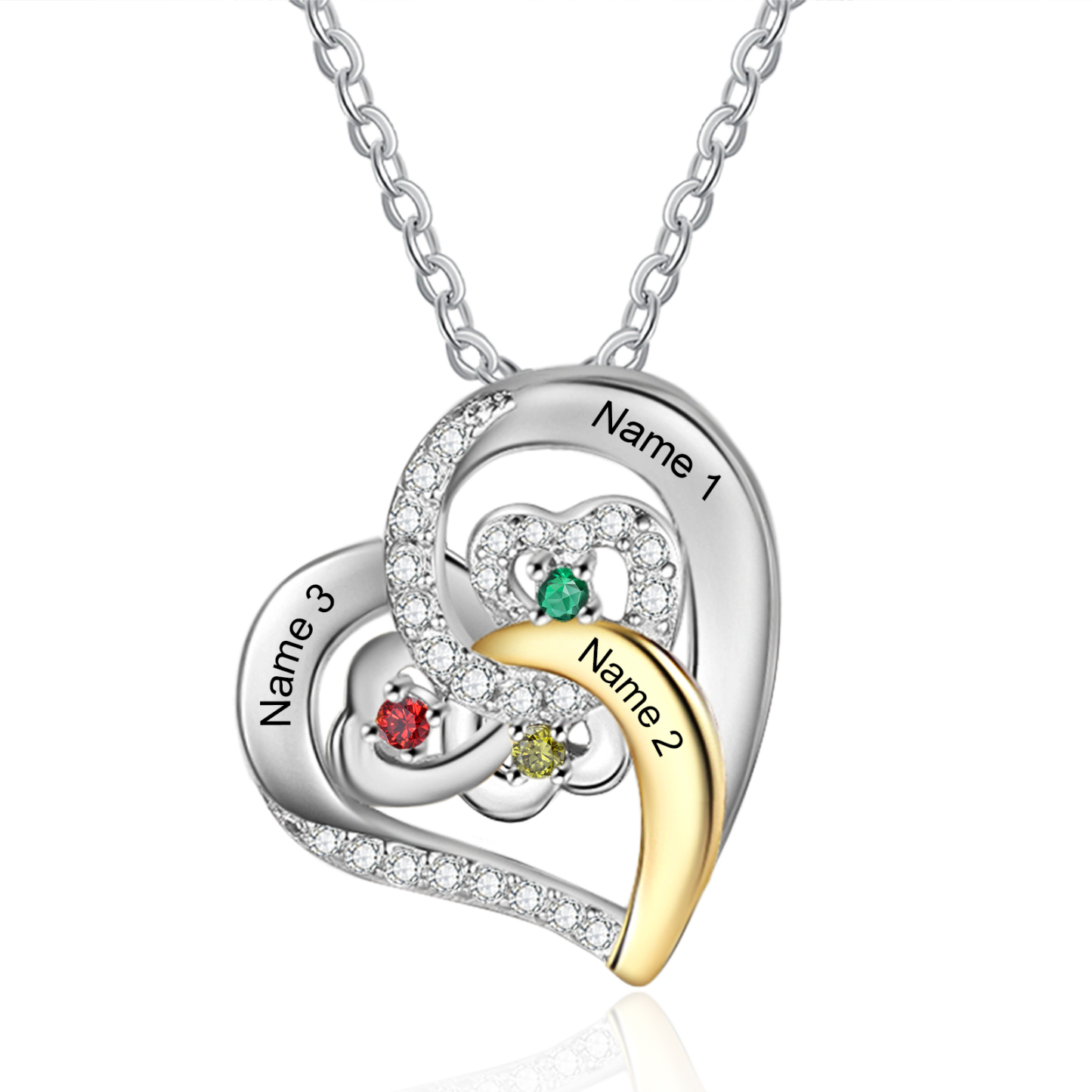 Personalized Heart Necklace Custom 3 Names and 3 Birthstones Women's Stacked Necklace Gift for Grandma | Jessmade