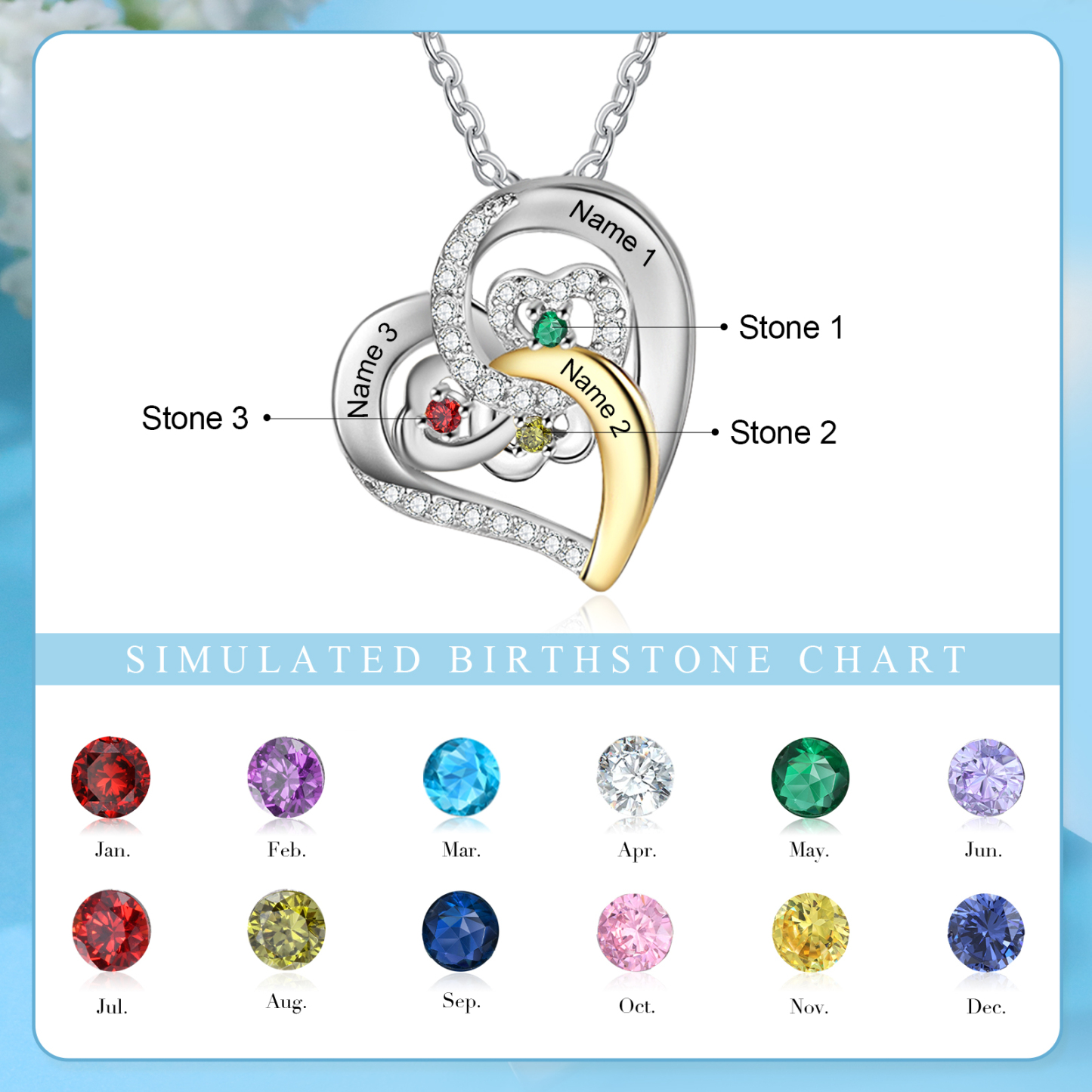 Personalized Heart Necklace Custom 3 Names and 3 Birthstones Women's Stacked Necklace Gift for Grandma | Jessmade