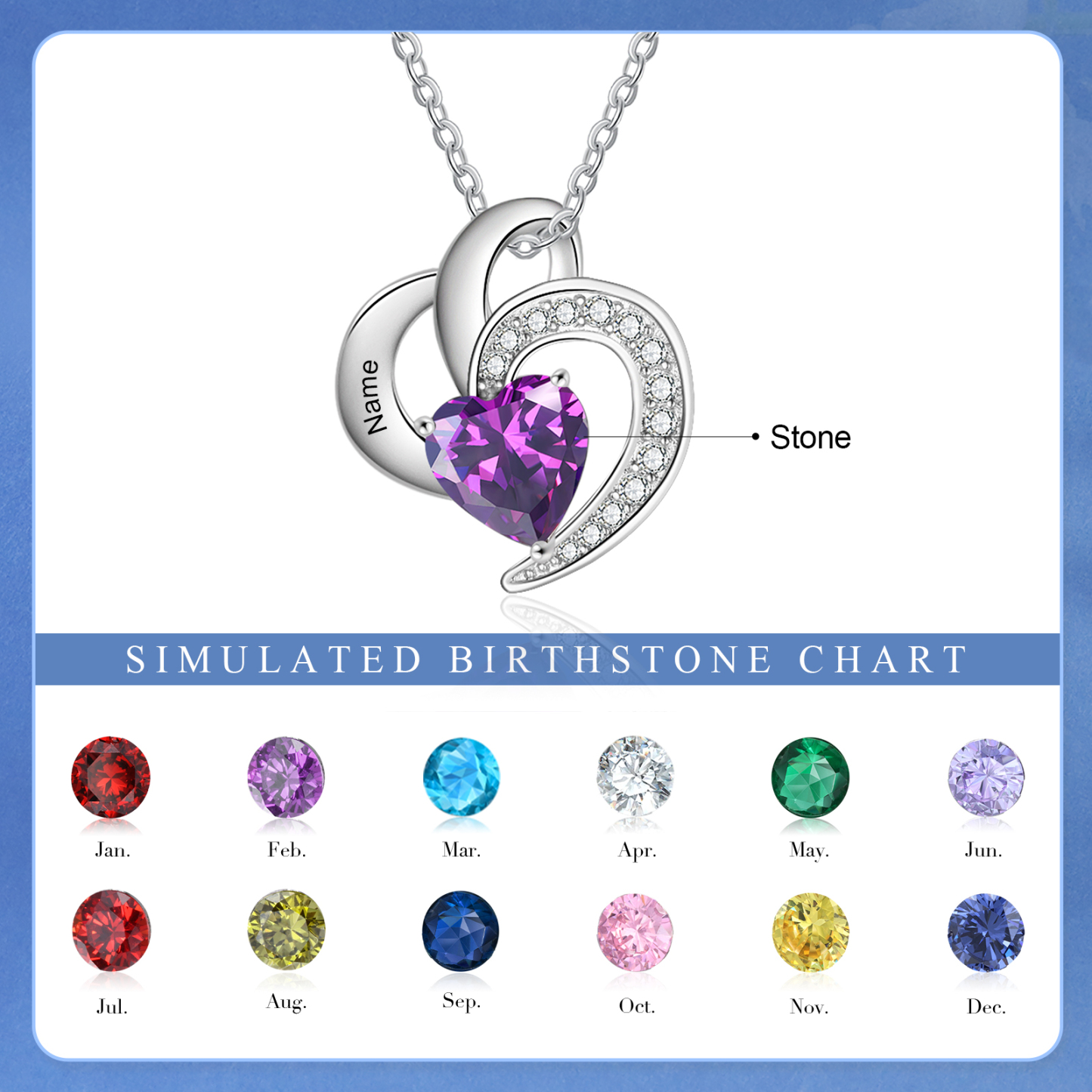 Personalised Heart Shaped Necklace Customized With 1 Name and 1 Birthstone Necklace for Nan | Jessmade