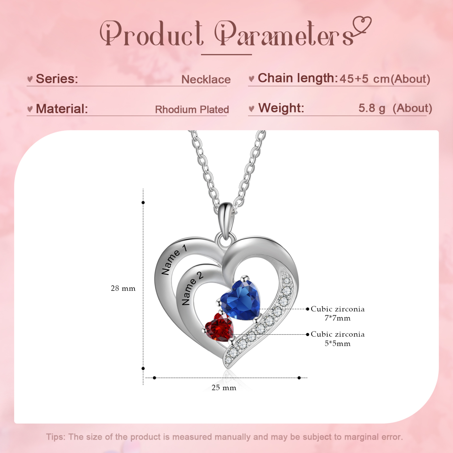 Personalised Heart Birthstone Necklac Custom 2 Names and 2 Birthstones Women's Necklace Gift for Nan | Jessmade