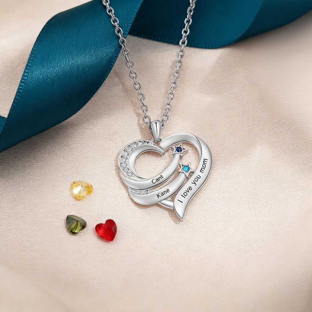Personalized Heart Mirror Necklace Customized With 1-4 Names and Birthstones Women's Necklace Gift for Mum | Jessemade