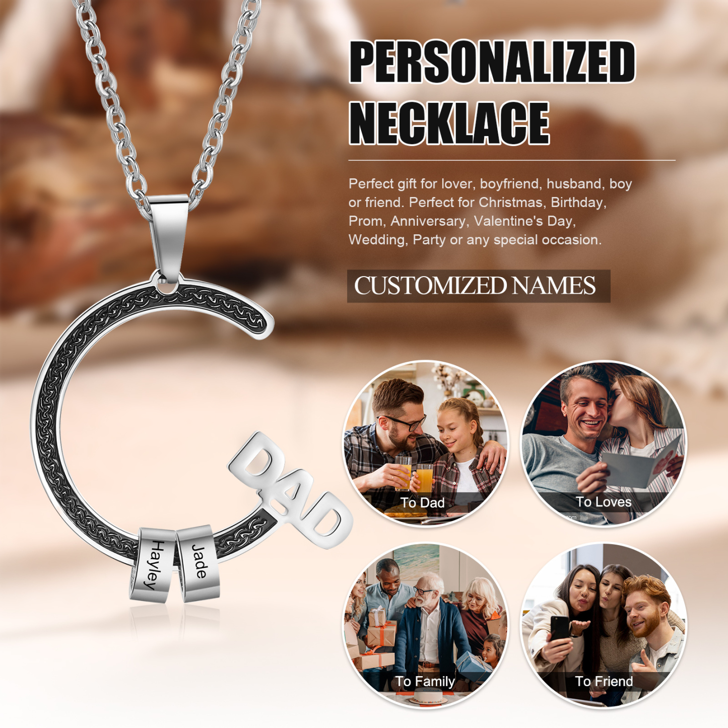 Personalised Dad Necklace with Custom 2 Names Stainless steel Necklace Christmas Gift for Dad | Jessmade