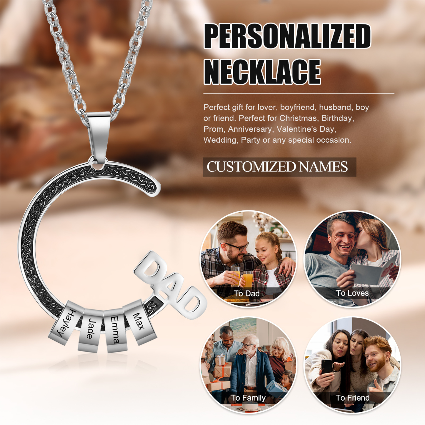 Personalised Dad Necklace with Custom 4 Names Stainless steel Necklace Christmas Gift for Dad | Jessmade