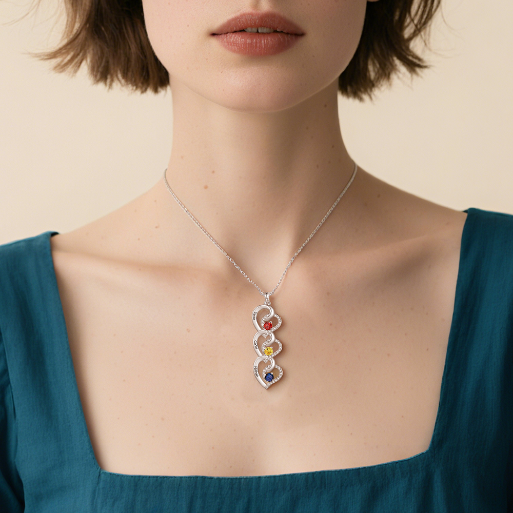Personalized Heart-Shaped Birthstone Necklace - Custom 2-4 Names & Birthstones Necklace Gift for Her | Jessemade