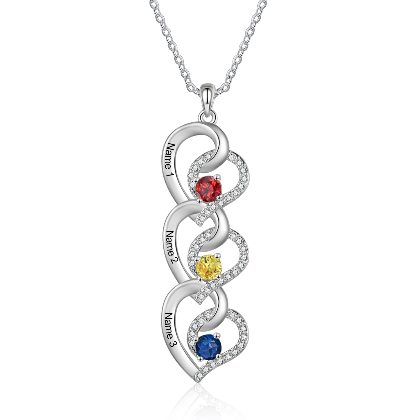 Personalised Heart-Shaped Birthstone Necklace - Custom 3 Names & 3 Birthstones Necklace Gift for Her | Jessemade