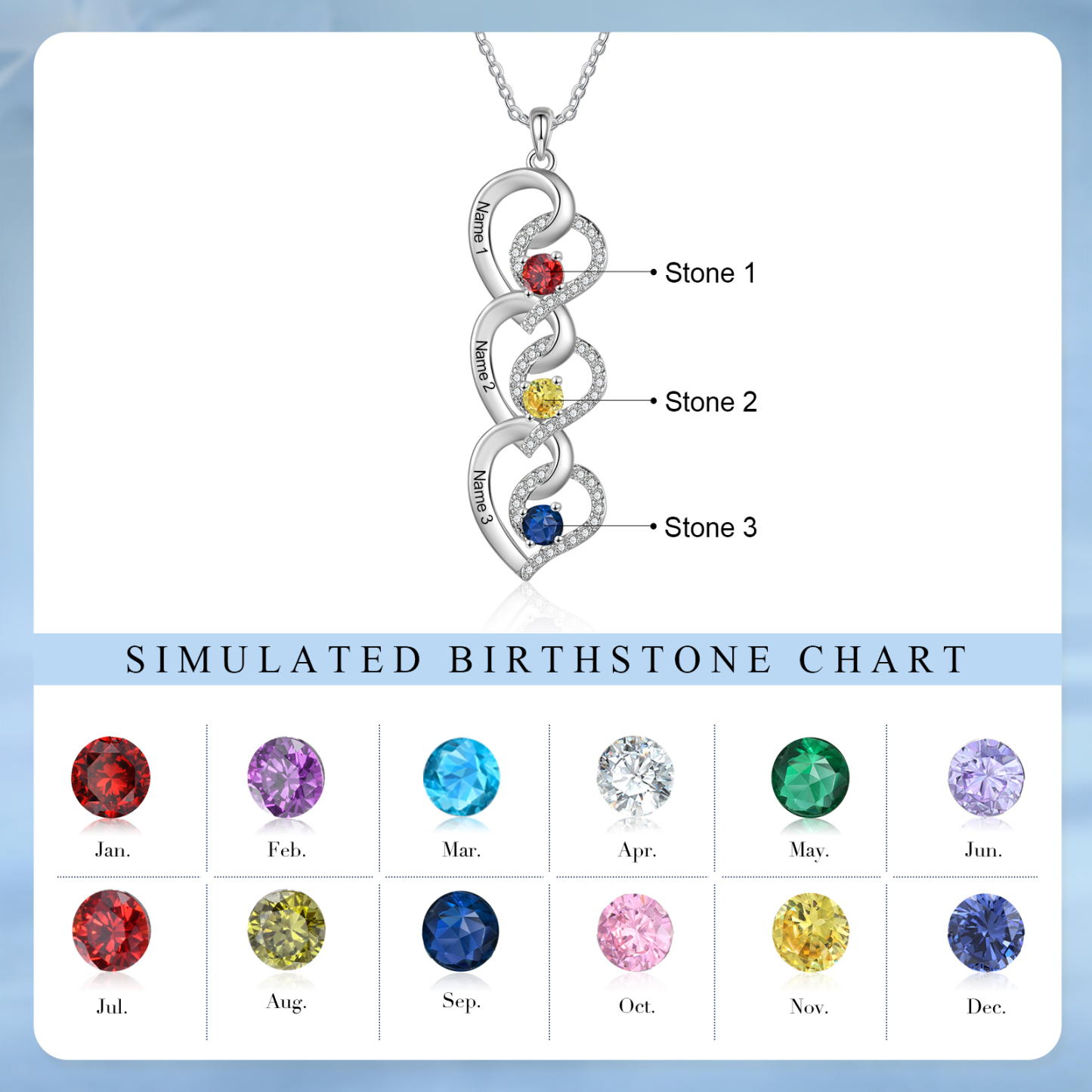 Personalised Heart-Shaped Birthstone Necklace - Custom 3 Names & 3 Birthstones Necklace Gift for Her | Jessemade