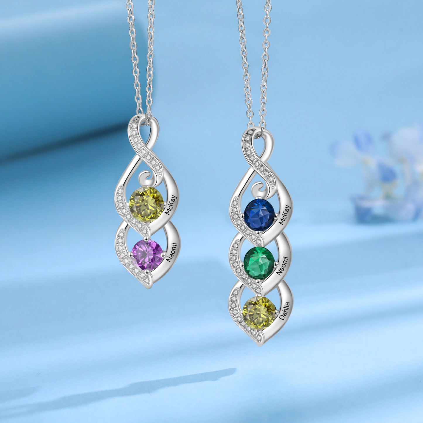 Personalised Necklace with 2 Names & 2 Birthstones Pendant - Christmas Gift for Mum/Wife | Jessemade