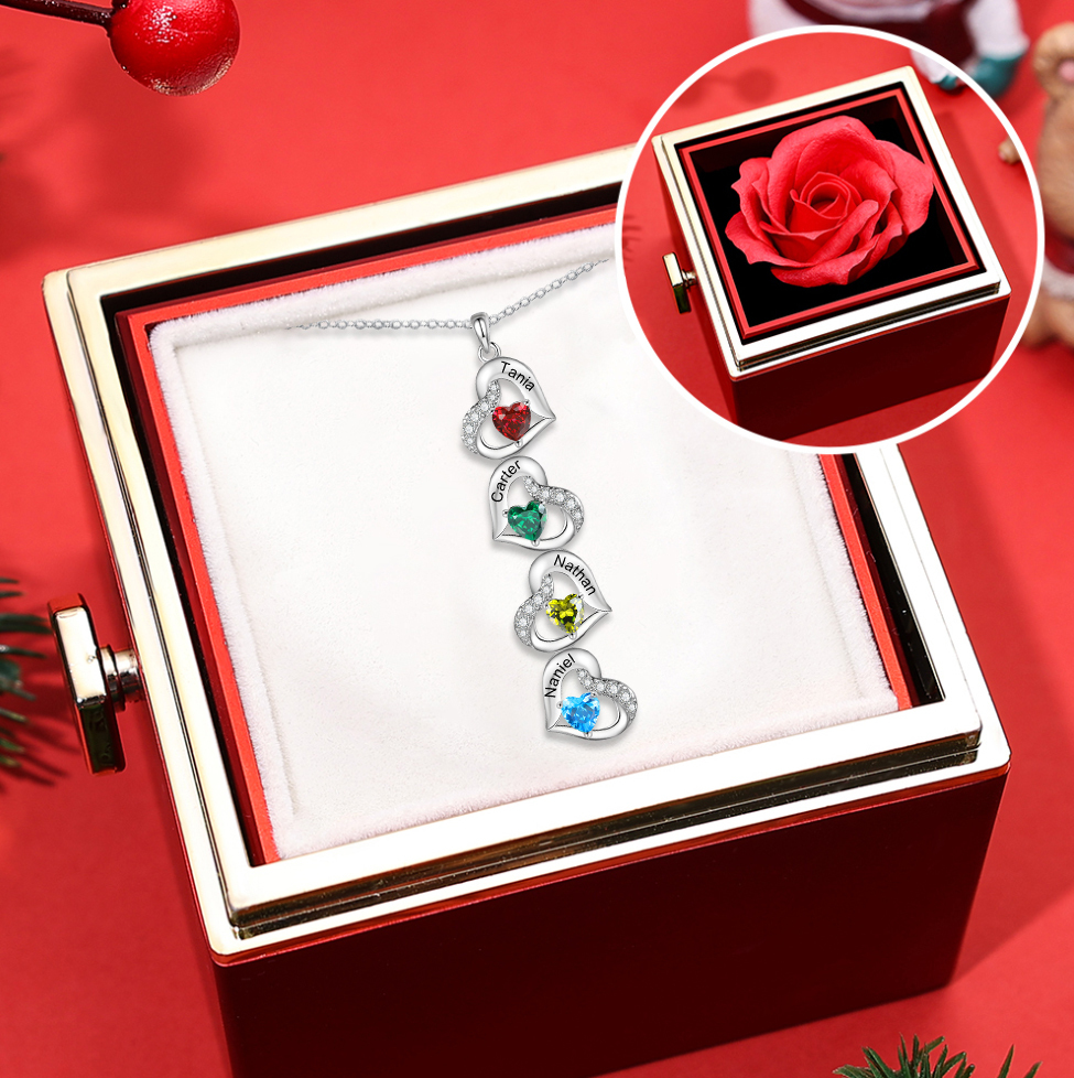 Personalised Heart-Shaped Birthstone Necklace - Custom 4 Names & 4 Bir