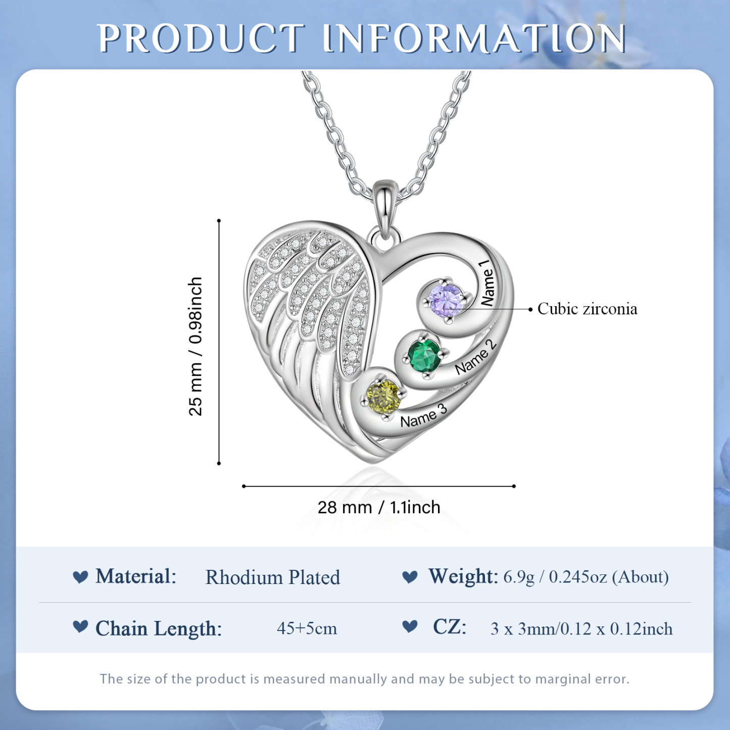 Personalised Heart Angel Wing Birthstone Necklace – Custom 3 Names & 3 Birthstones Gift for Her | Jessemade