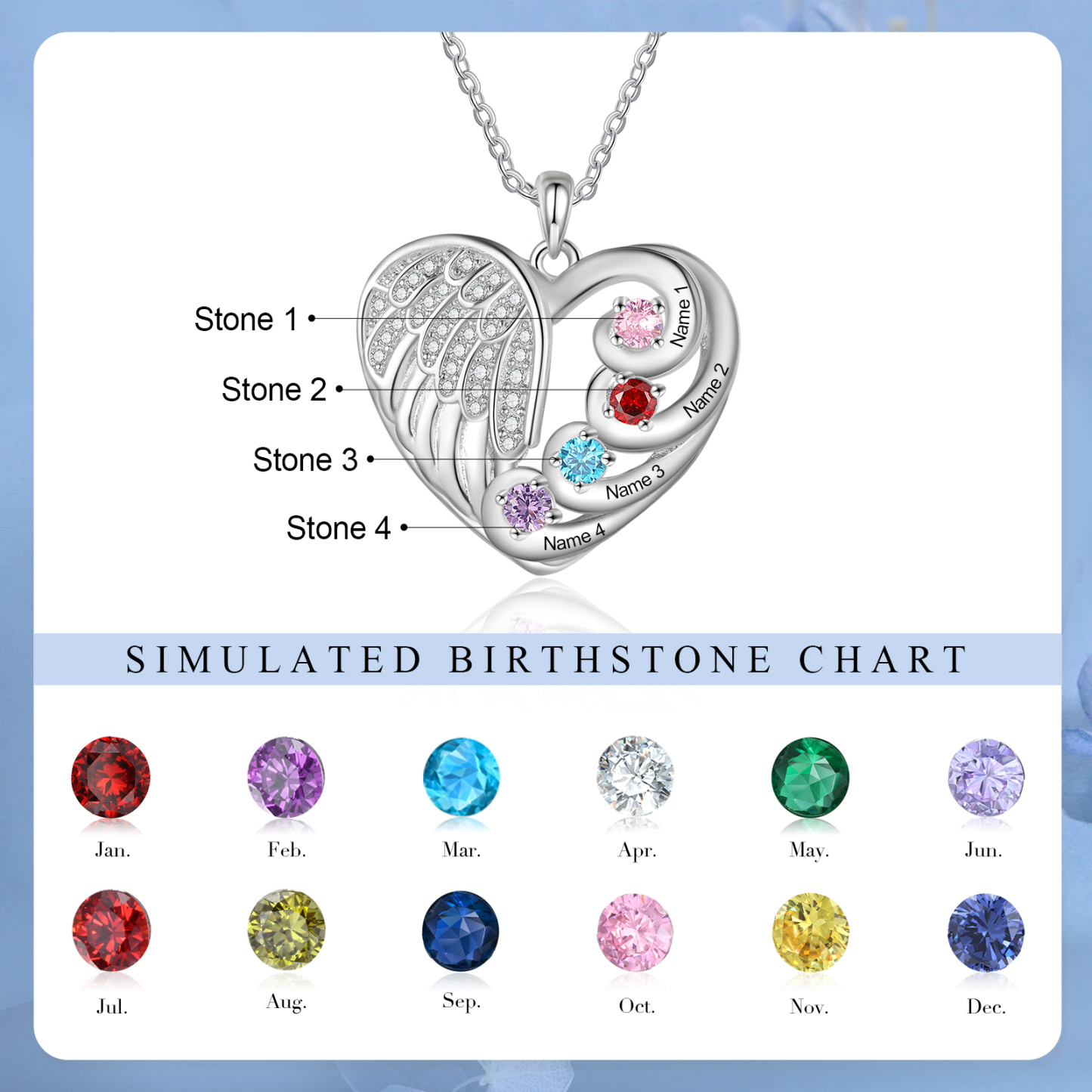 Personalised Heart Angel Wing Birthstone Necklace – Custom 4 Names & 4 Birthstones Gift for Her | Jessemade