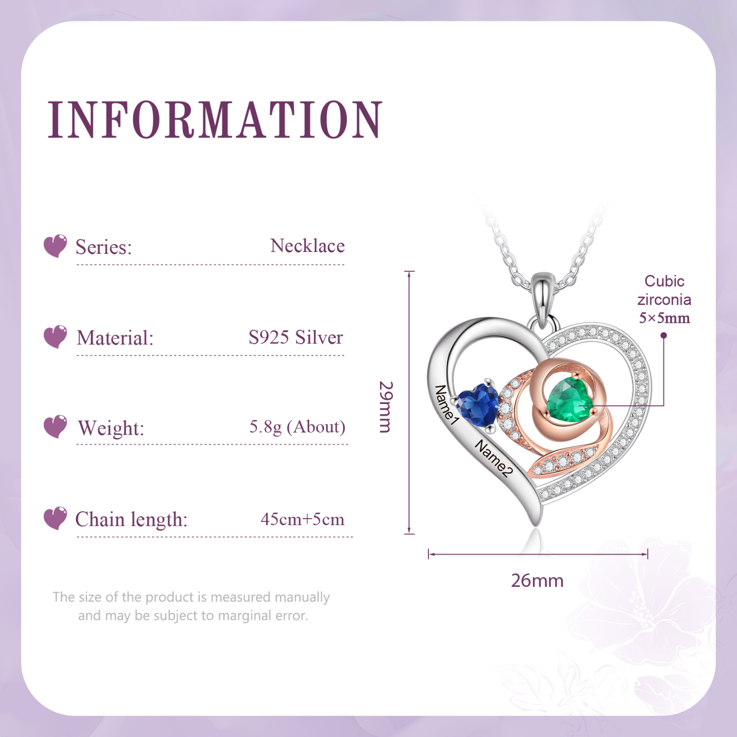 Personalised S925 Silver Heart-Shaped Birthstone Necklace - Custom 2 Names & 2 Birthstones Gift for Her | Jessemade