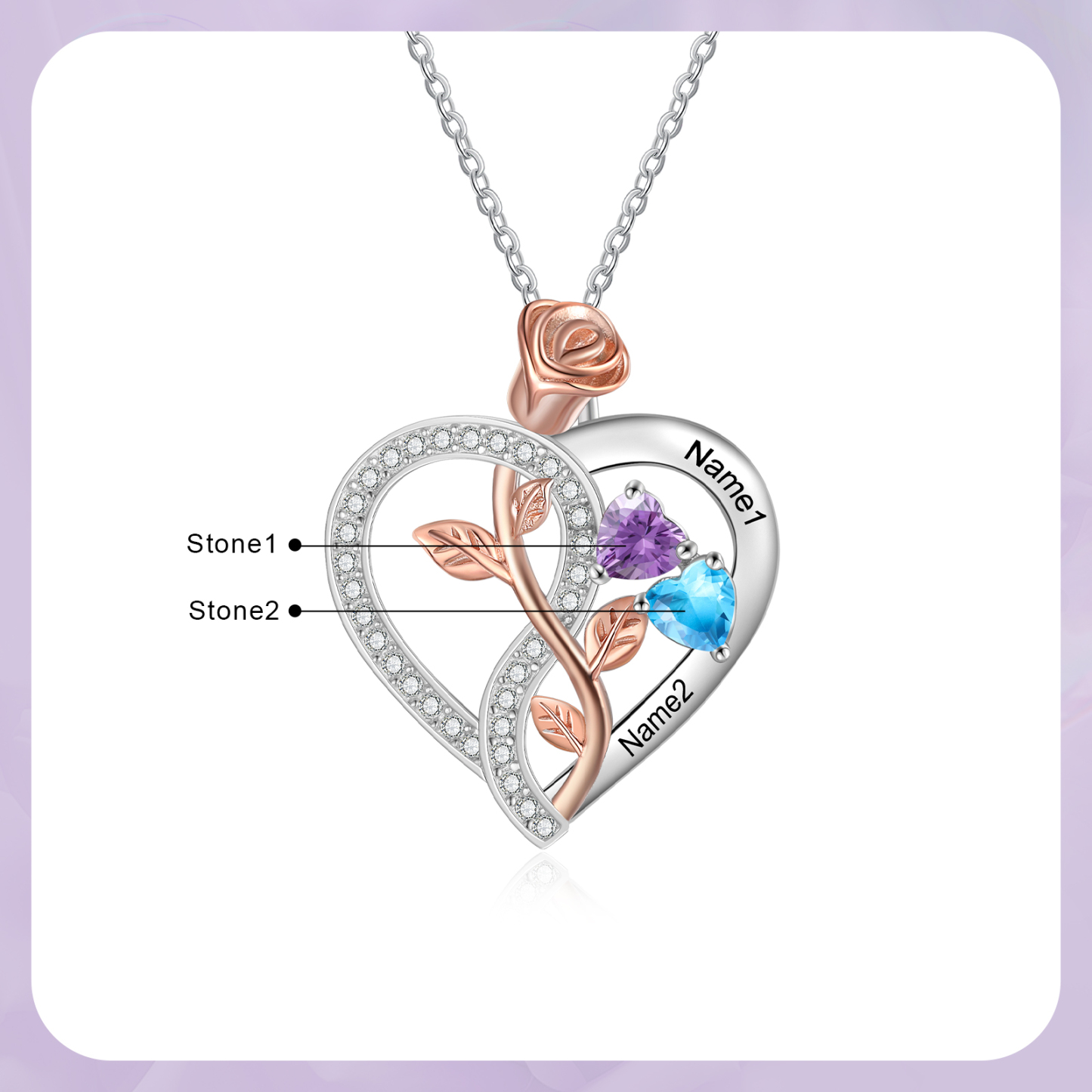 Personalised S925 Silver Heart Birthstone Necklace with Rose Design - Custom 2 Names & 2 Birthstones Gift for Her| Jessemade