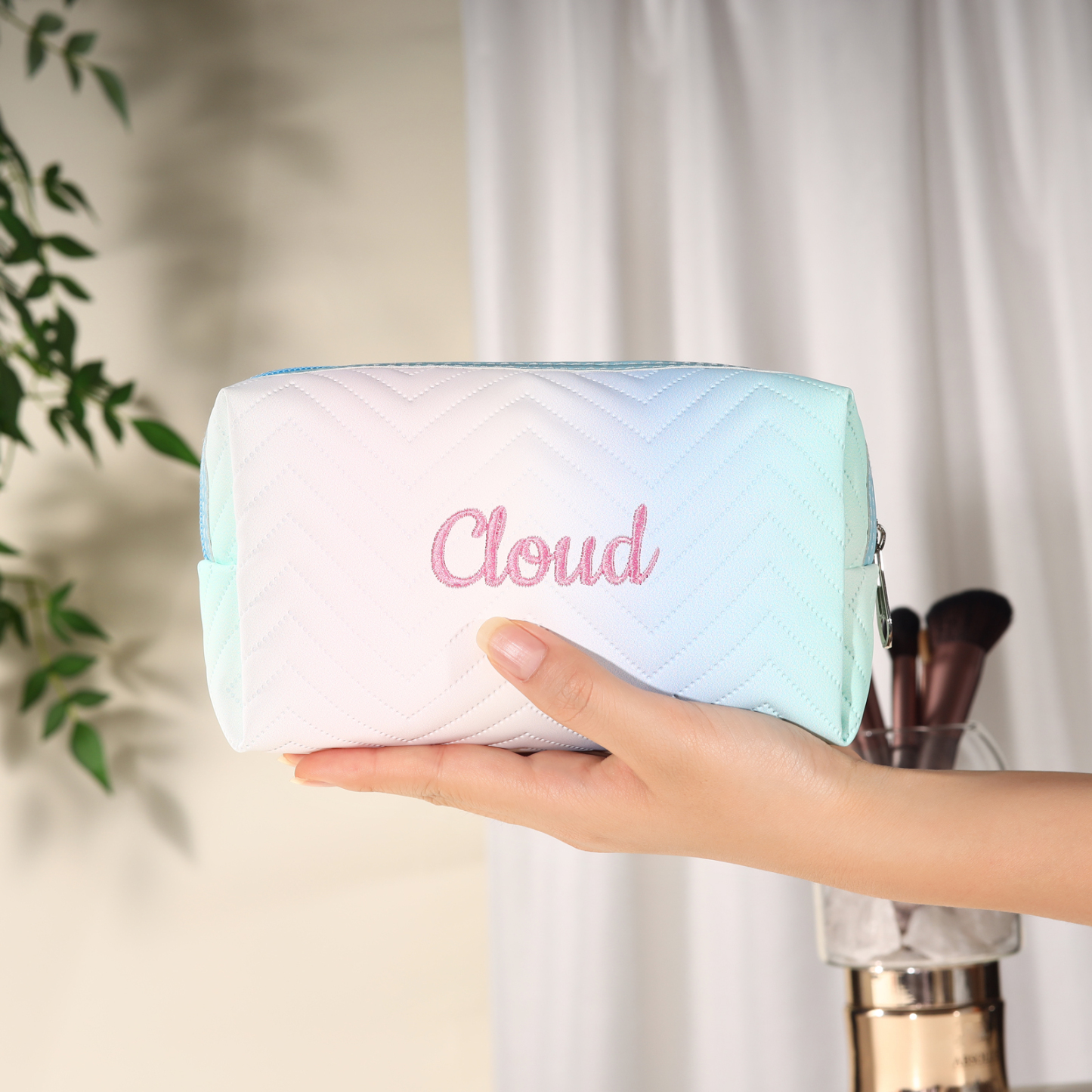 Personalised Gradient Embroidered Cosmetic Bag – Custom Name Toiletry Gift – Pink/Blue/Purple Options Gift for Her | Jessemade